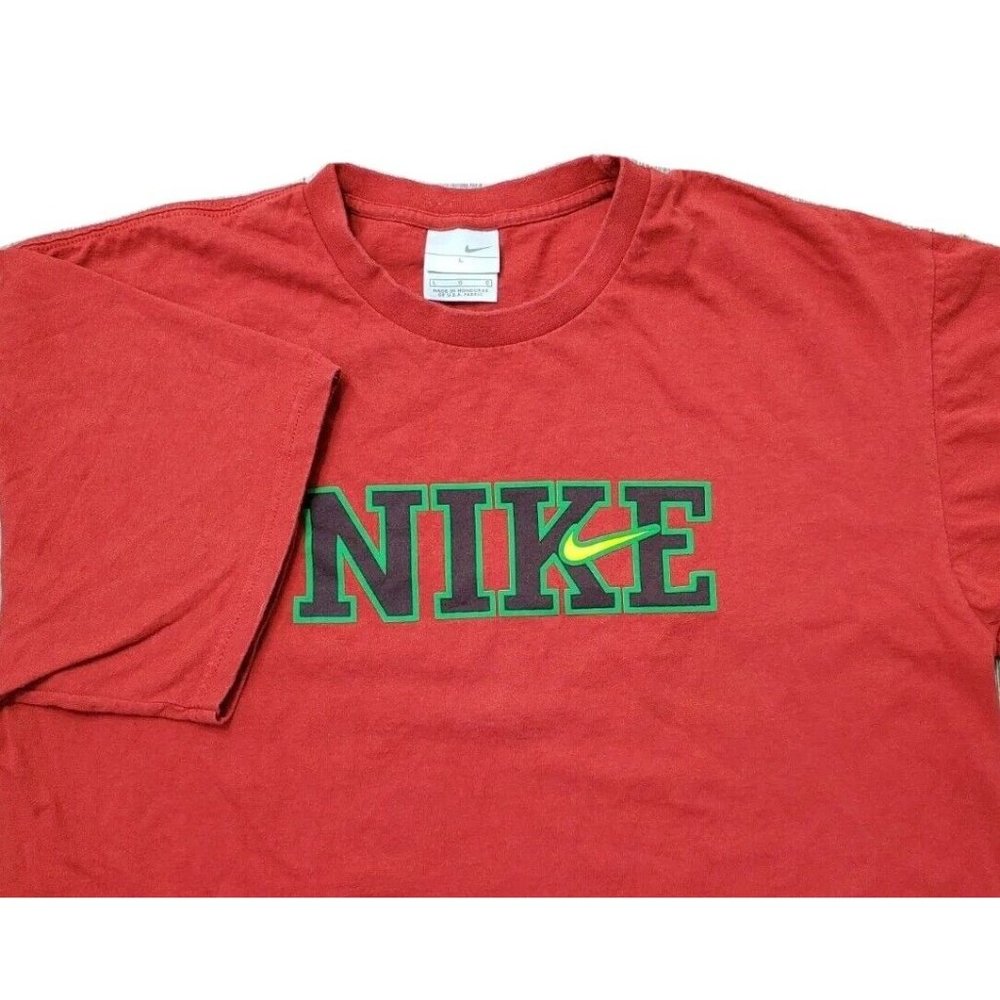 Vintage Nike SZ L Red Nike Logo Front & Back Neck 100% Cotton T Shirt Tee SS